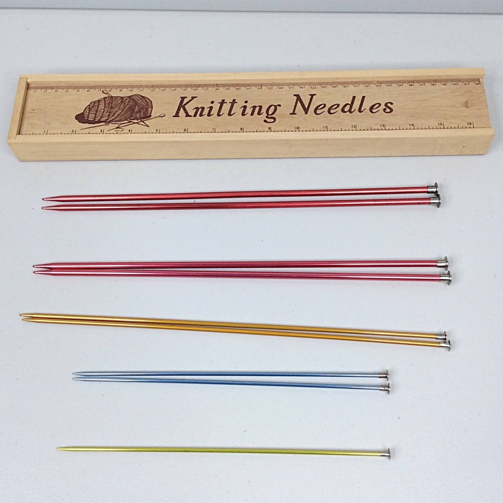Lot of Knitting Needles with Wooden Case Holder – Aluminum Sizes 10, 5, 3